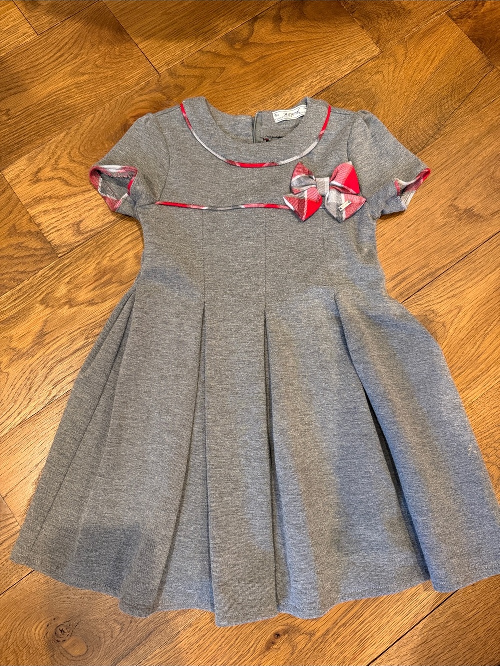 Mayoral Grey Dress with red Plaid Bow Accent